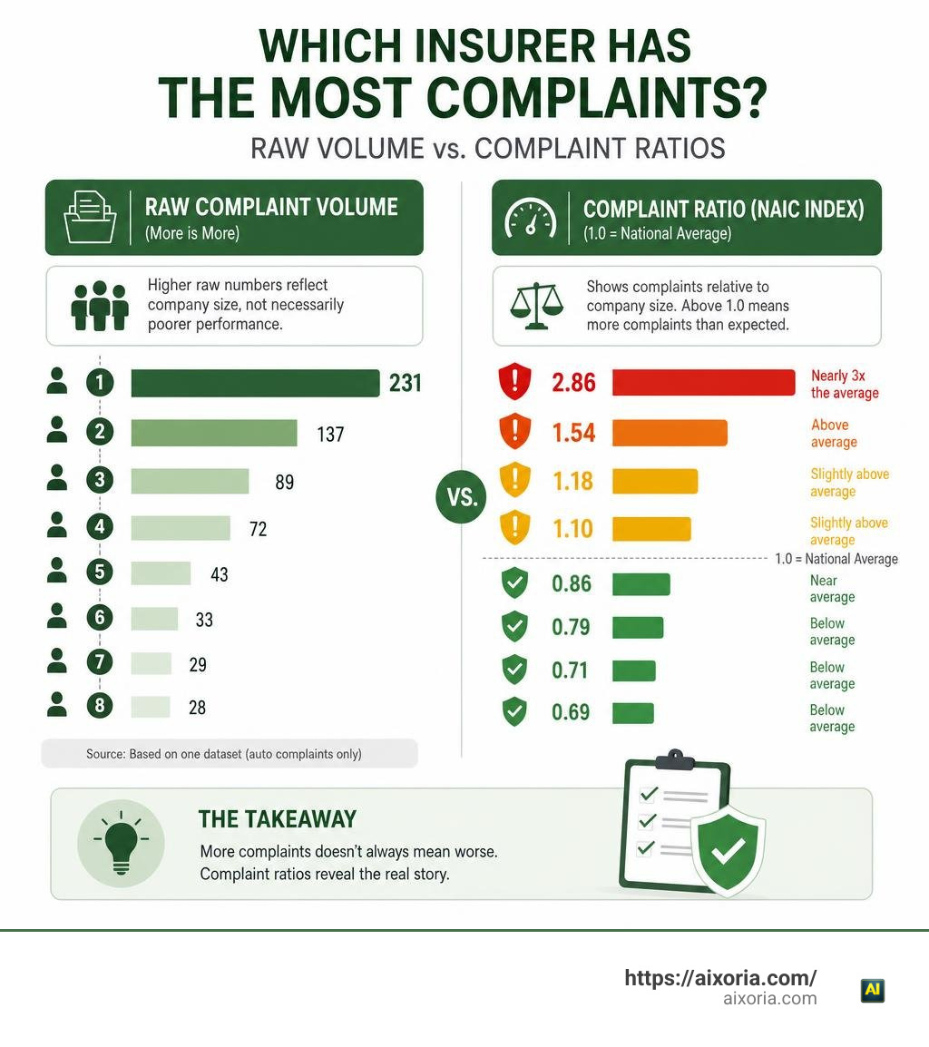 Infographic comparing raw complaint volume vs complaint ratios for major US insurers including Liberty Mutual, State Farm