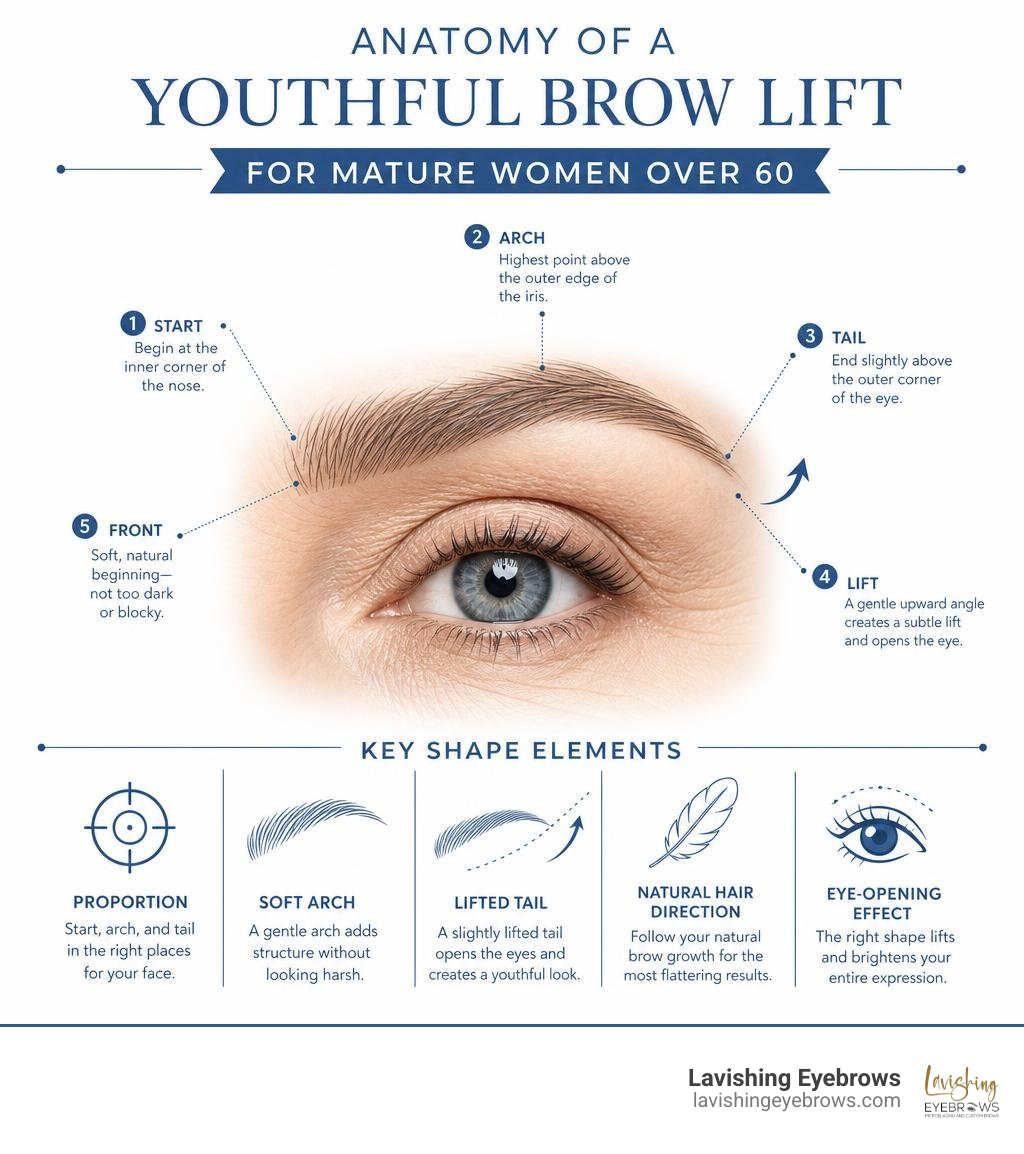 Anatomy of a youthful brow lift for mature women over 60 showing key brow points and shape elements infographic