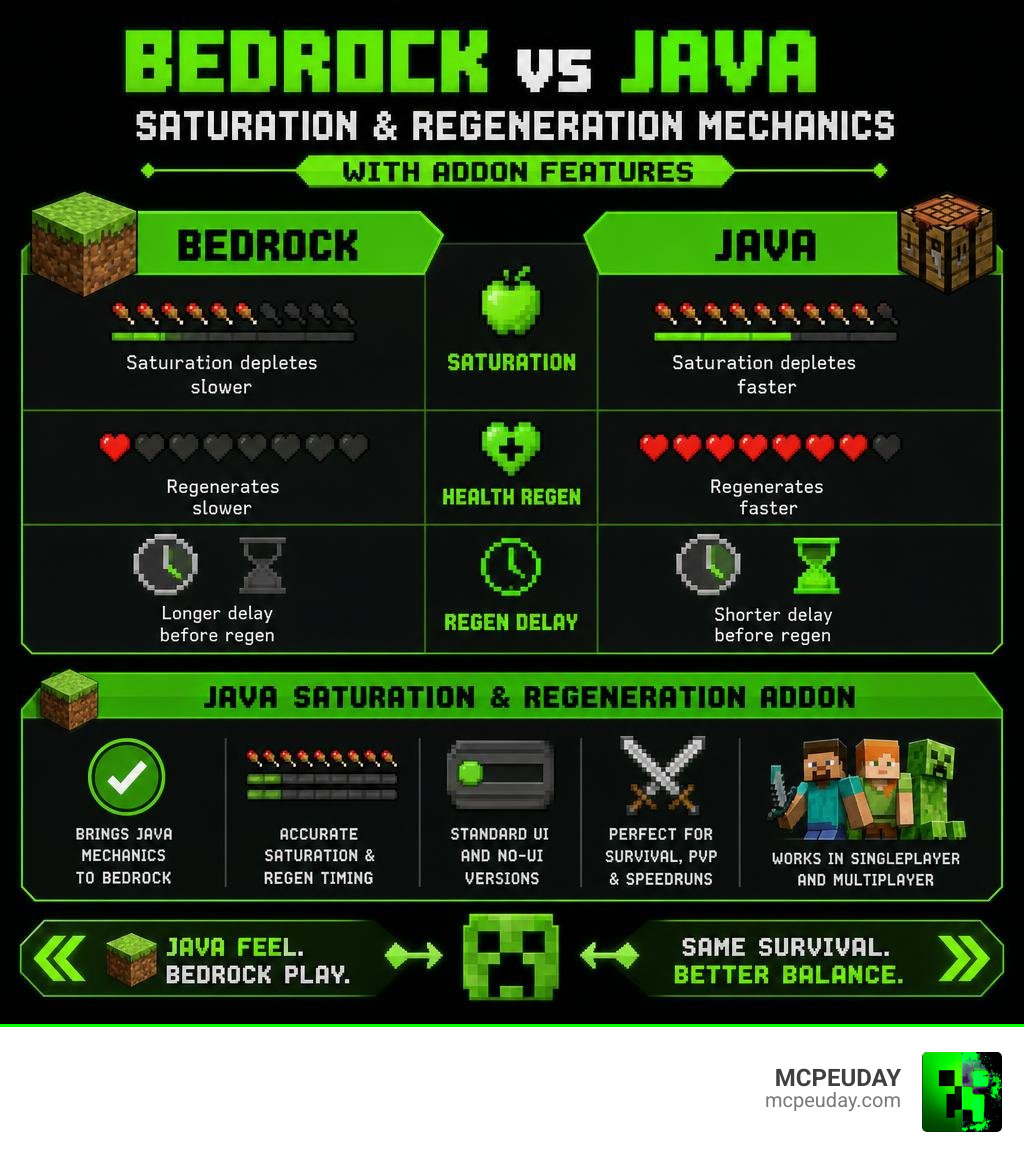 Infographic comparing Bedrock vs Java saturation and regeneration mechanics with addon features infographic