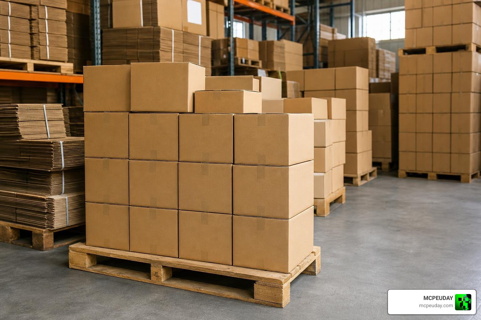 Eco-friendly corrugated cardboard boxes stacked neatly for shipping