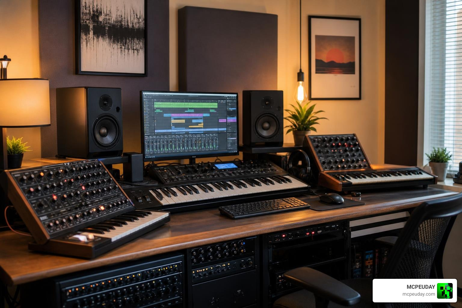 Analog synthesizers and MIDI keyboards in a modern music production studio