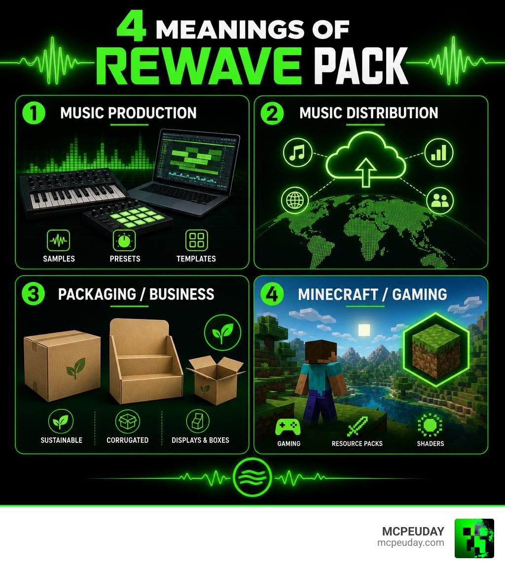 Infographic showing the four different meanings of ReWave pack across music production, distribution, packaging, and