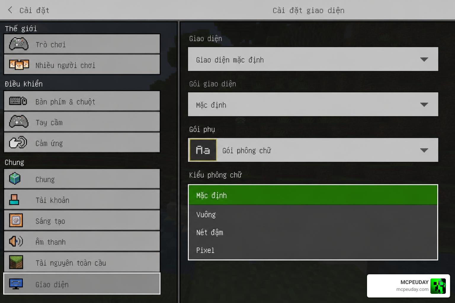 Font selection subpacks configuration screen