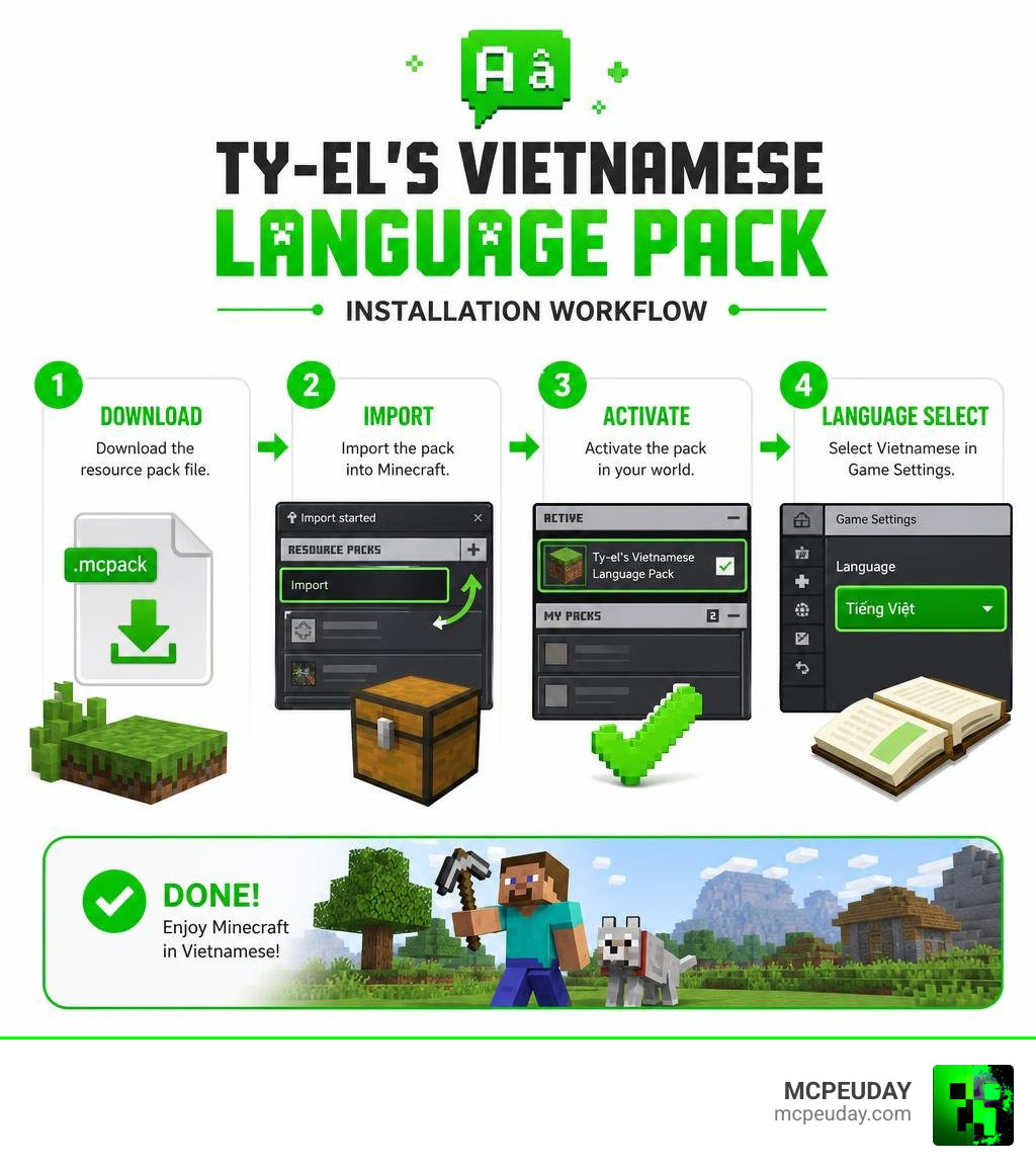 Ty-el's Vietnamese Language Pack installation workflow infographic showing download, import, activate, and language select