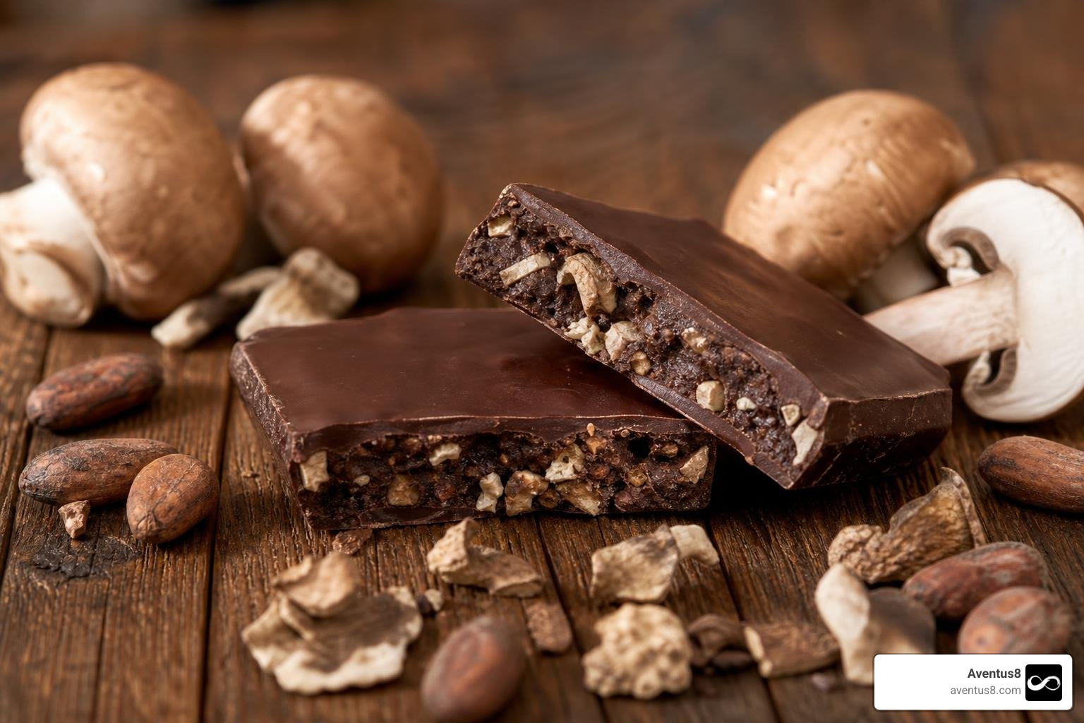 mushroom chocolate on a rustic wooden table