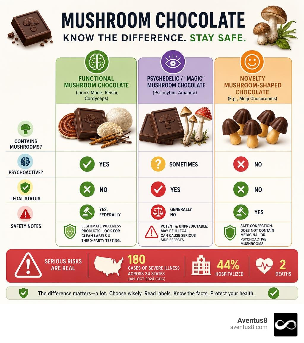 Infographic comparing functional, psychedelic, and novelty mushroom chocolates with key safety facts infographic