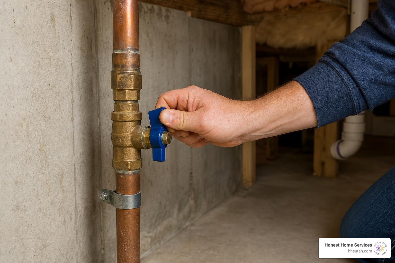 Homeowner turning off a main water shut-off valve safely Homeowner turning off a main water shut-off valve safely