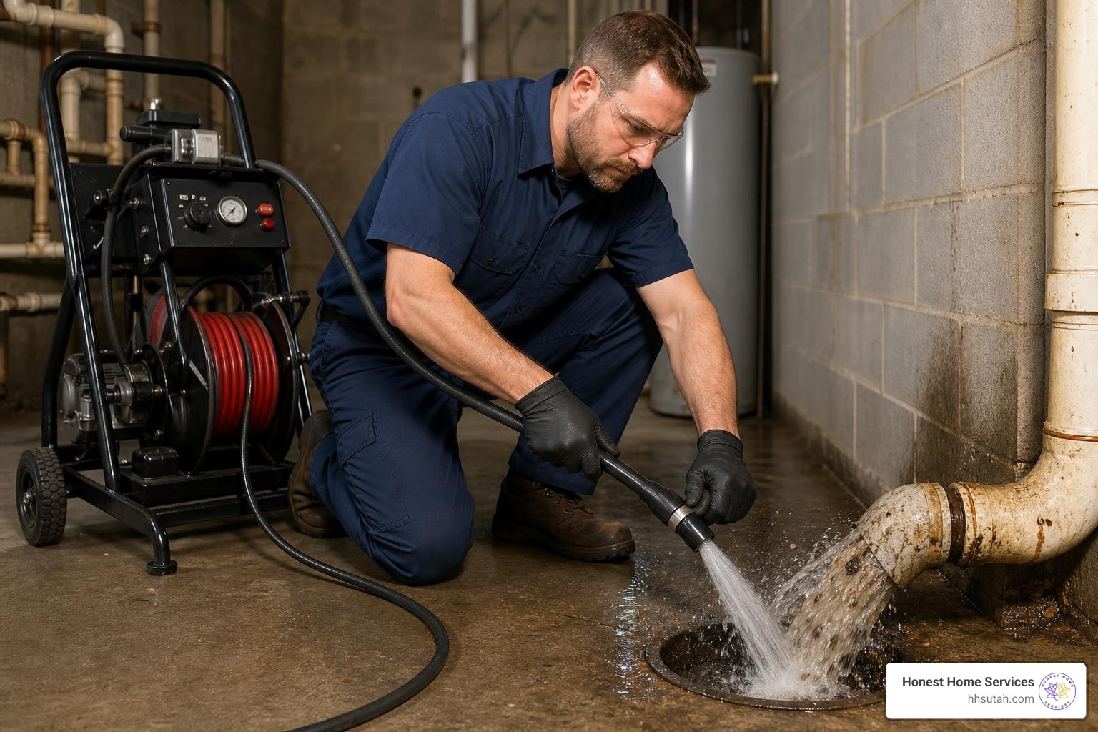 Professional hydro jetting machine clearing a tough drain blockage Professional hydro jetting machine clearing a tough drain blockage