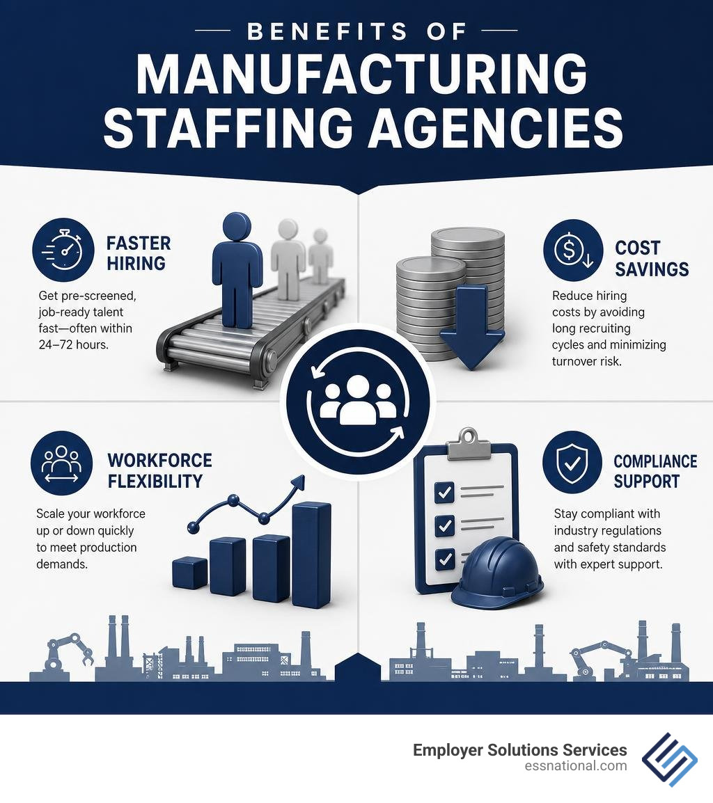 Benefits of manufacturing staffing agencies: faster hiring, cost savings, workforce flexibility, compliance support