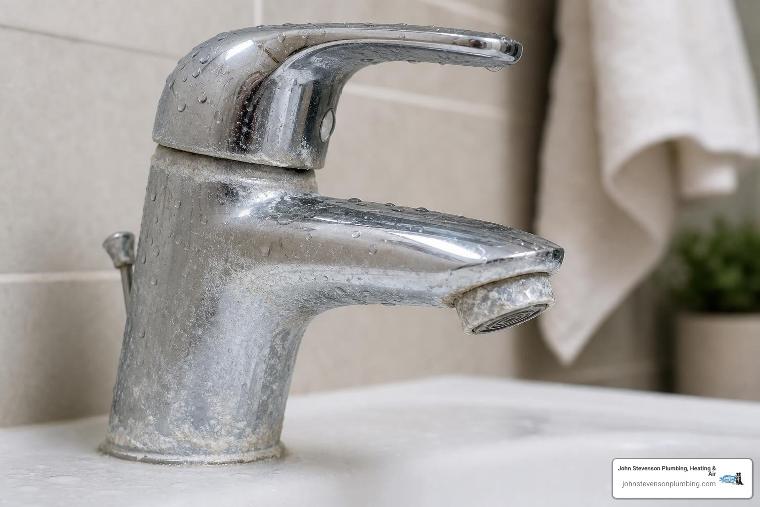 limescale buildup on a chrome bathroom faucet showing chalky white mineral deposits