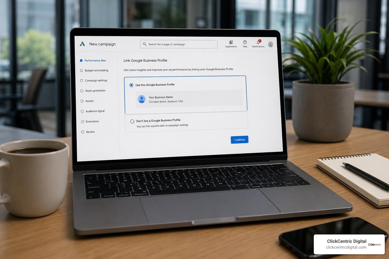 Google Ads dashboard setup showing GBP link