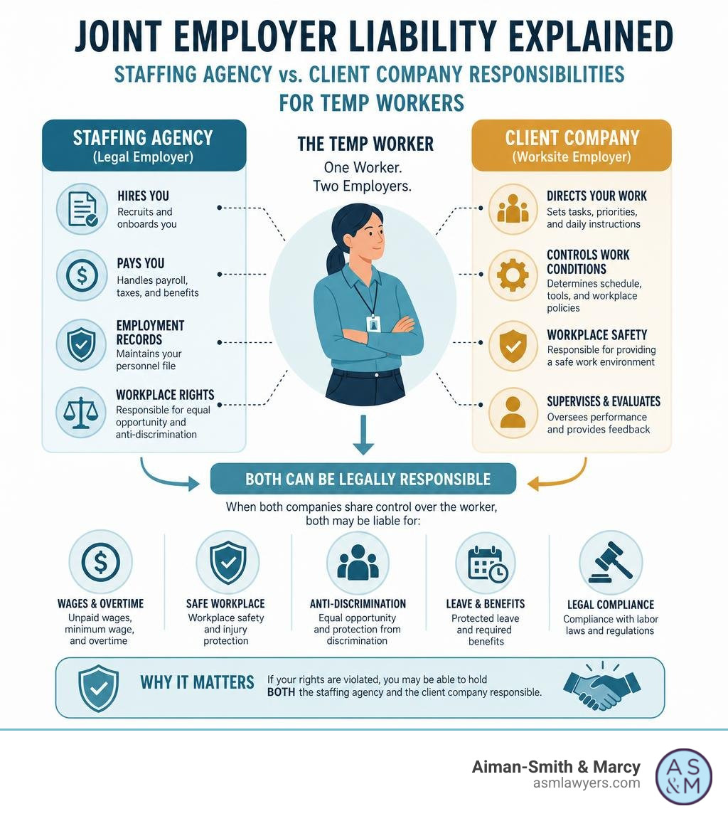 Joint employer liability explained: staffing agency vs. client company responsibilities for temp workers infographic
