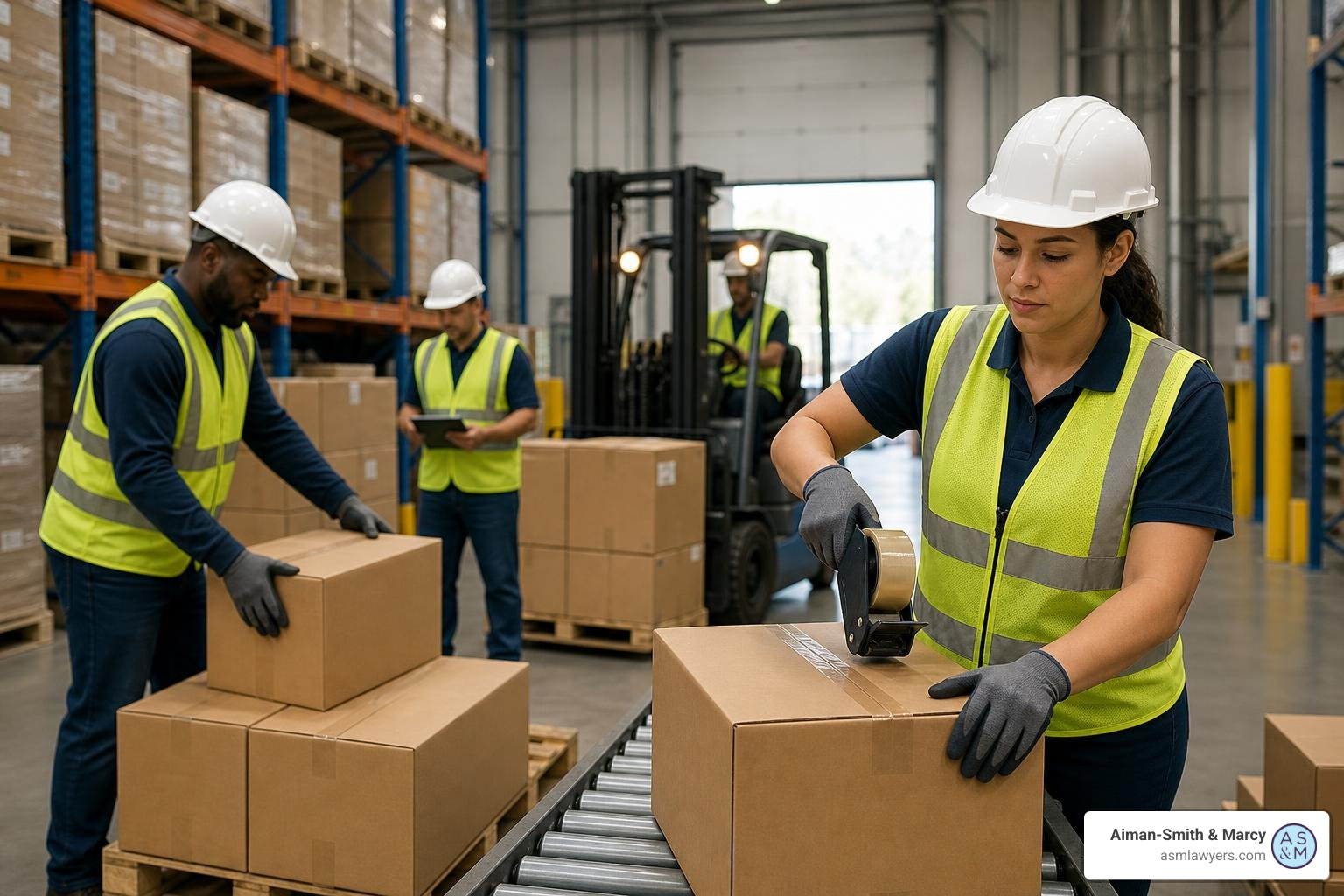 A diverse group of temporary agency workers working safely in a logistics and distribution facility A diverse group of temporary agency workers working safely in a logistics and distribution facility