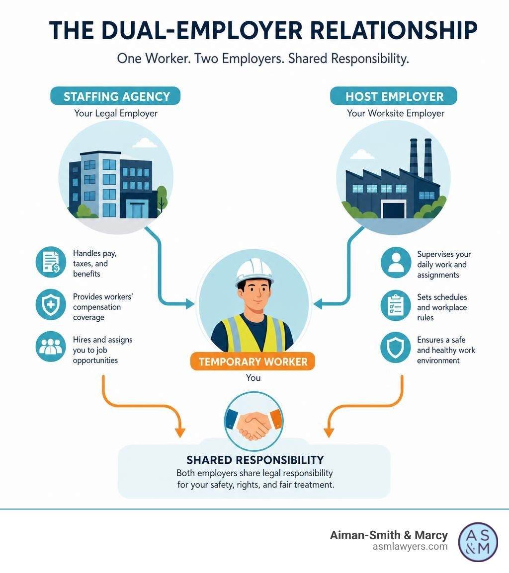 Infographic showing dual-employer relationship between staffing agency, temp worker, and host employer infographic Infographic showing dual-employer relationship between staffing agency, temp worker, and host employer infographic