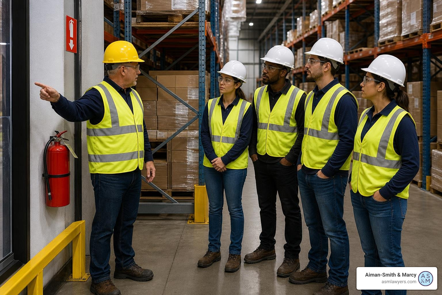 Warehouse safety training session with a supervisor instructing temporary agency workers Warehouse safety training session with a supervisor instructing temporary agency workers