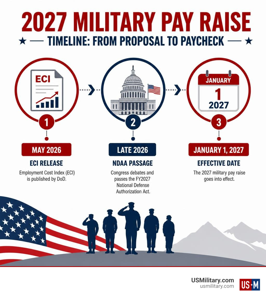 Infographic showing 2027 military pay raise timeline from ECI release to NDAA passage to January 2027 effective date