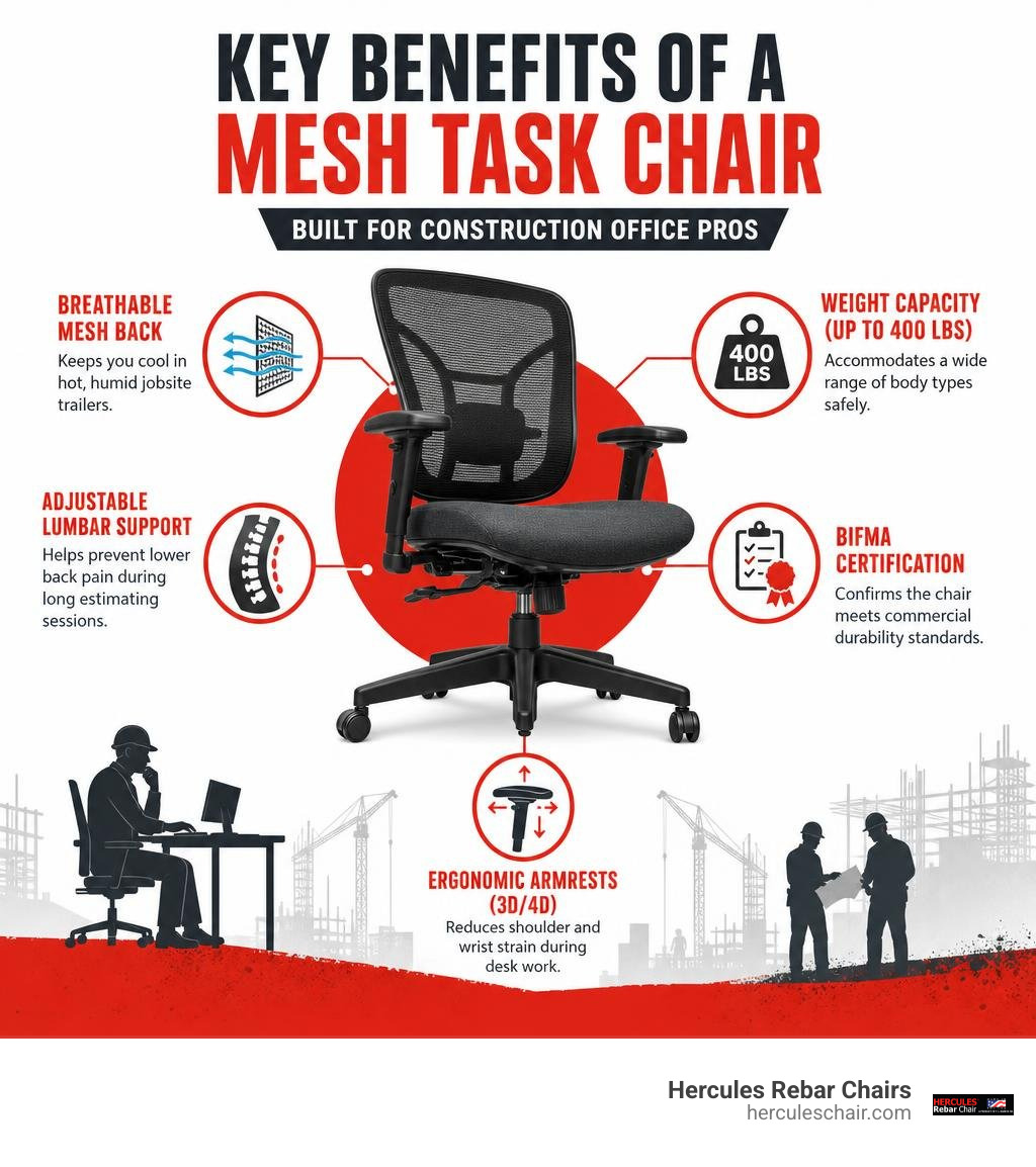 infographic showing key benefits of a mesh task chair for construction office workers infographic