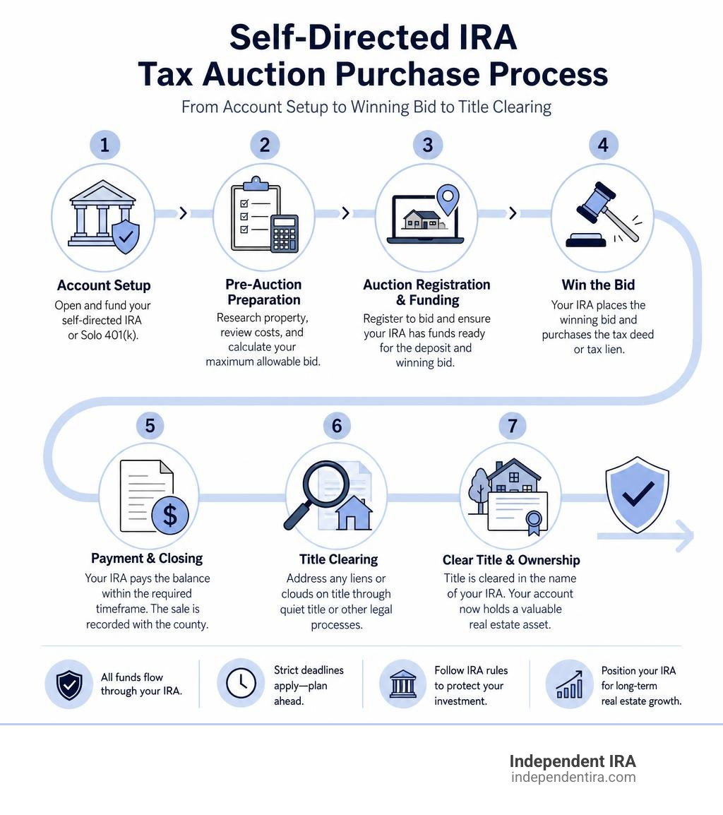 Self-directed IRA tax auction purchase process: from account setup to winning bid to title clearing infographic Self-directed IRA tax auction purchase process: from account setup to winning bid to title clearing infographic