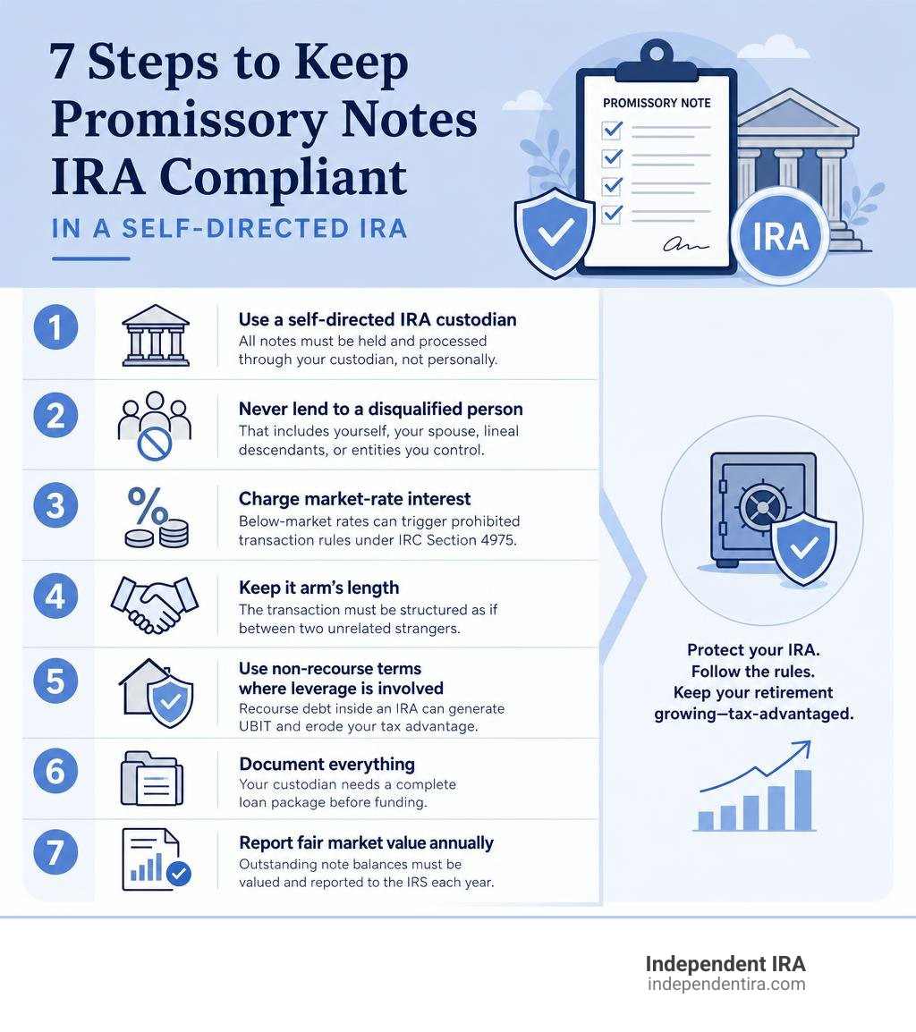 Checklist infographic: 7 steps to keep promissory notes IRA compliant in a self-directed IRA infographic Checklist infographic: 7 steps to keep promissory notes IRA compliant in a self-directed IRA infographic