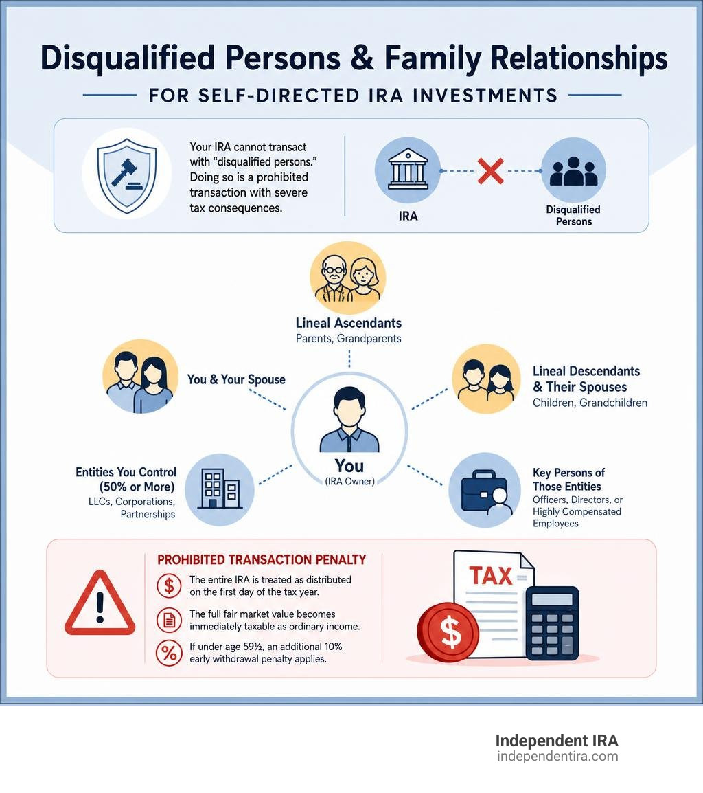 Disqualified persons and family relationships for self-directed IRA investments infographic Disqualified persons and family relationships for self-directed IRA investments infographic