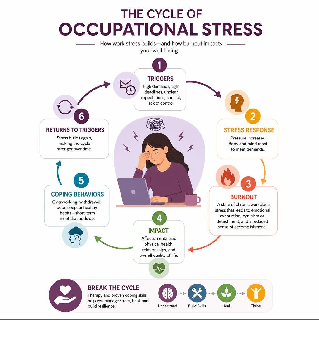 infographic showing the cycle of occupational stress with updated burnout description infographic