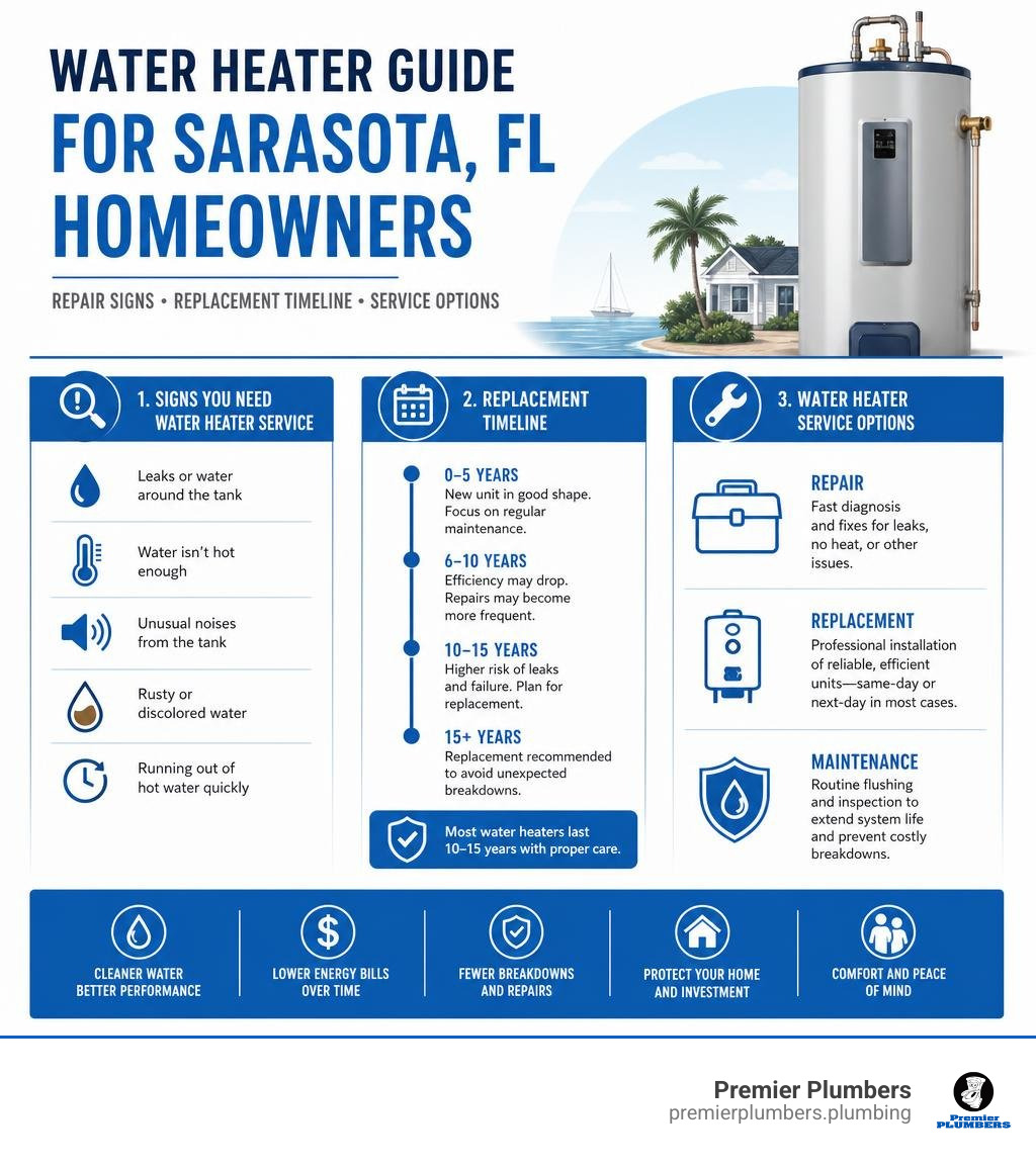 infographic showing water heater repair signs, replacement timeline, and service options for Sarasota FL homeowners infographic showing water heater repair signs, replacement timeline, and service options for Sarasota FL homeowners