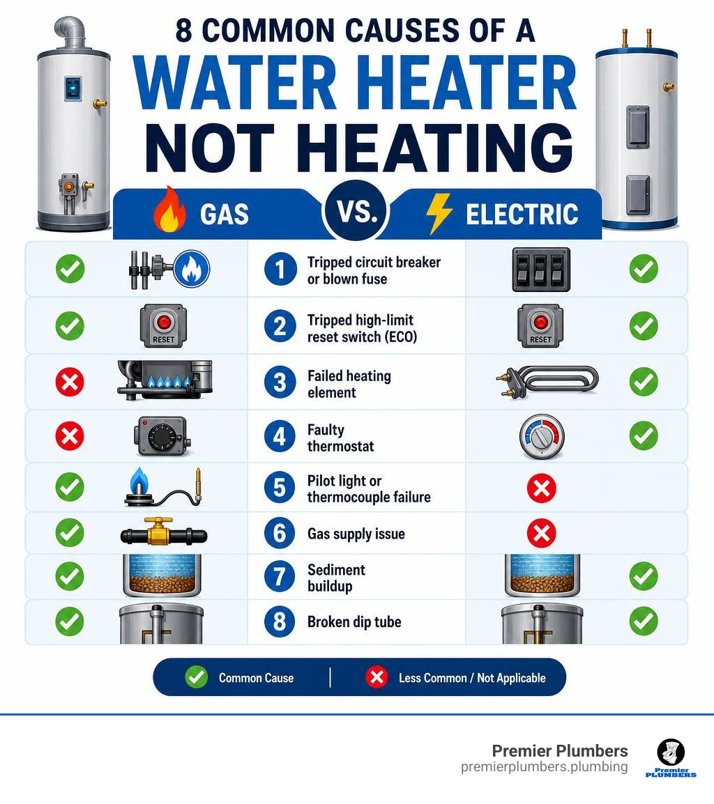 infographic showing 8 common causes of a water heater not heating with gas vs electric breakdown infographic infographic showing 8 common causes of a water heater not heating with gas vs electric breakdown infographic
