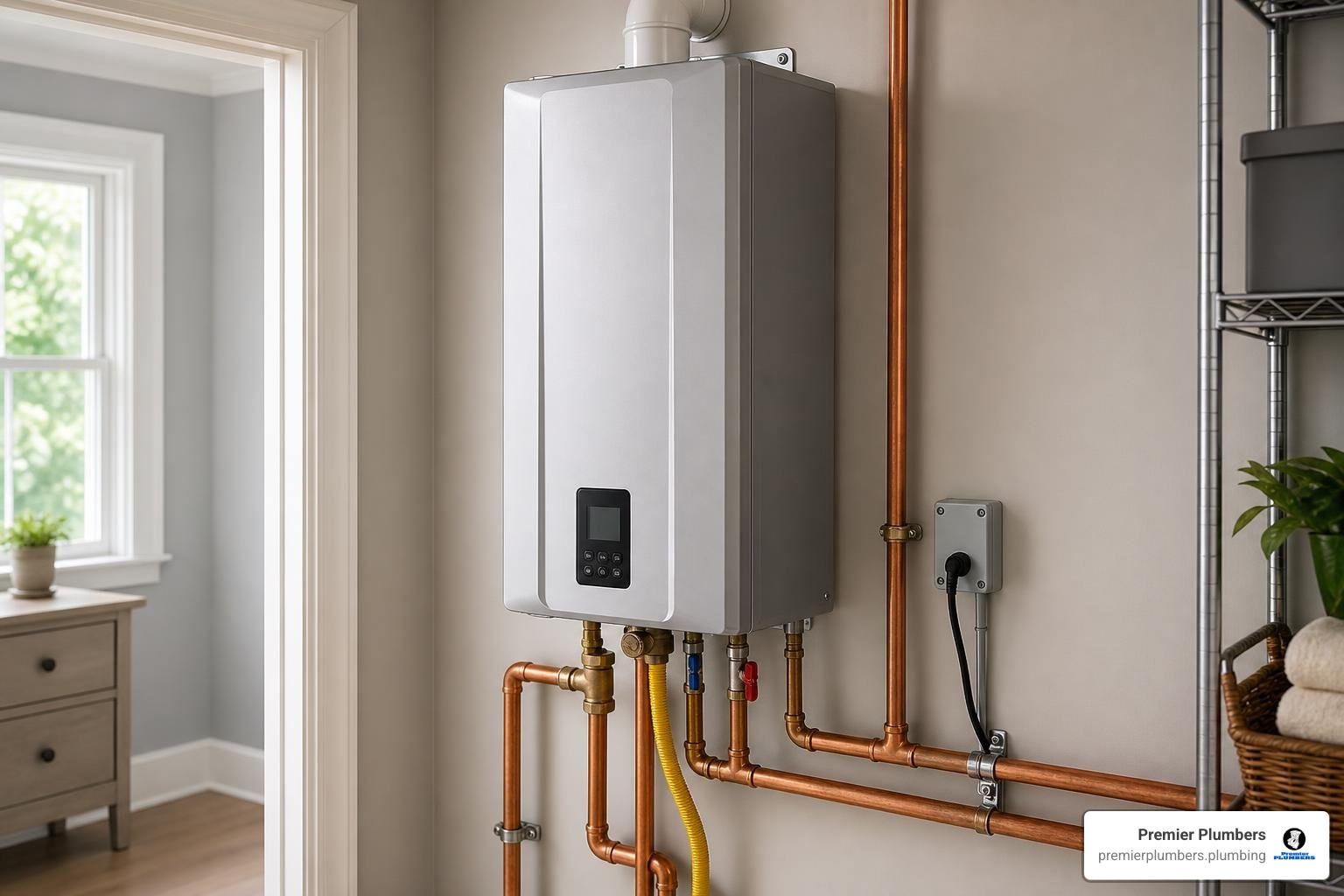 modern tankless water heater installation on a residential wall