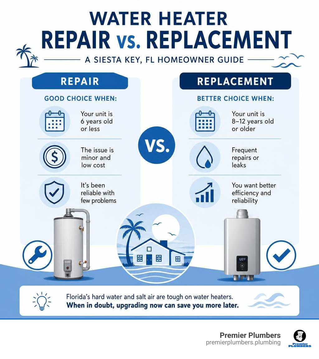 infographic comparing water heater repair vs replacement for Siesta Key FL homeowners infographic