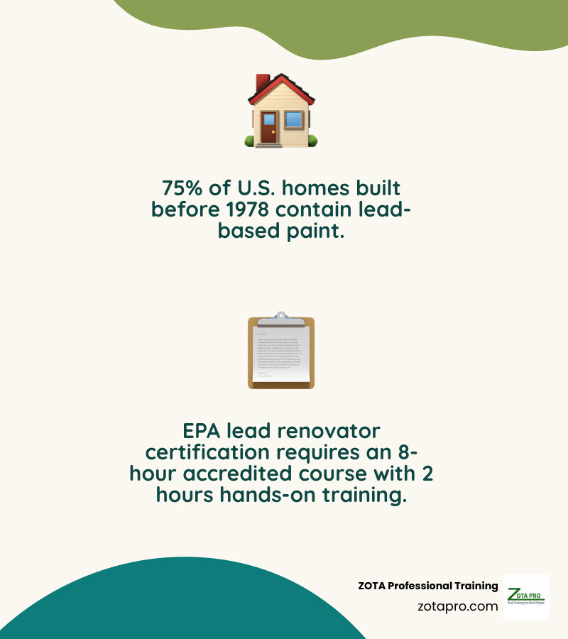 Steps to obtain EPA lead renovator certification: training, firm application, job site compliance, renewal infographic