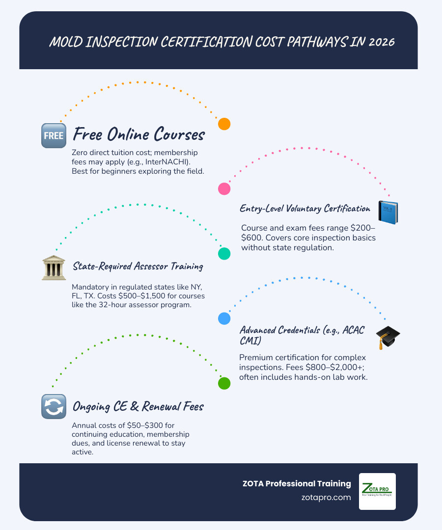 Mold inspection certification pathways and cost breakdown infographic infographic