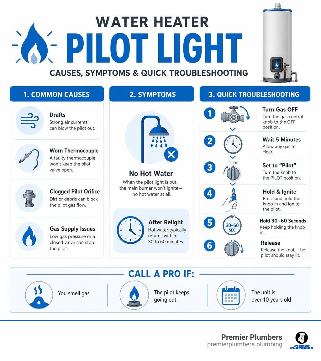 infographic showing common water heater pilot light causes, symptoms, and quick troubleshooting steps infographic infographic showing common water heater pilot light causes, symptoms, and quick troubleshooting steps infographic