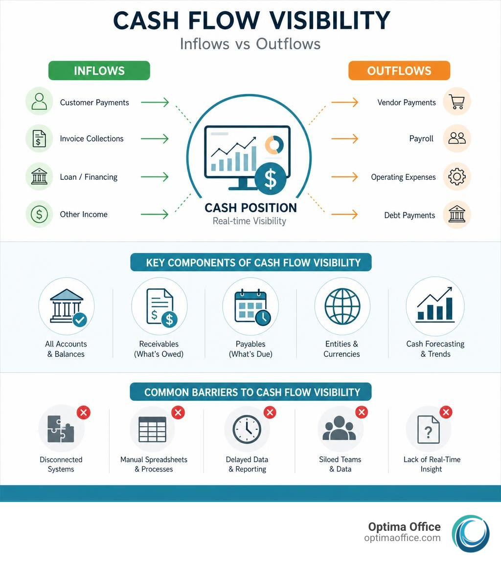 Cash flow visibility infographic: inflows vs outflows, key components, and common barriers infographic