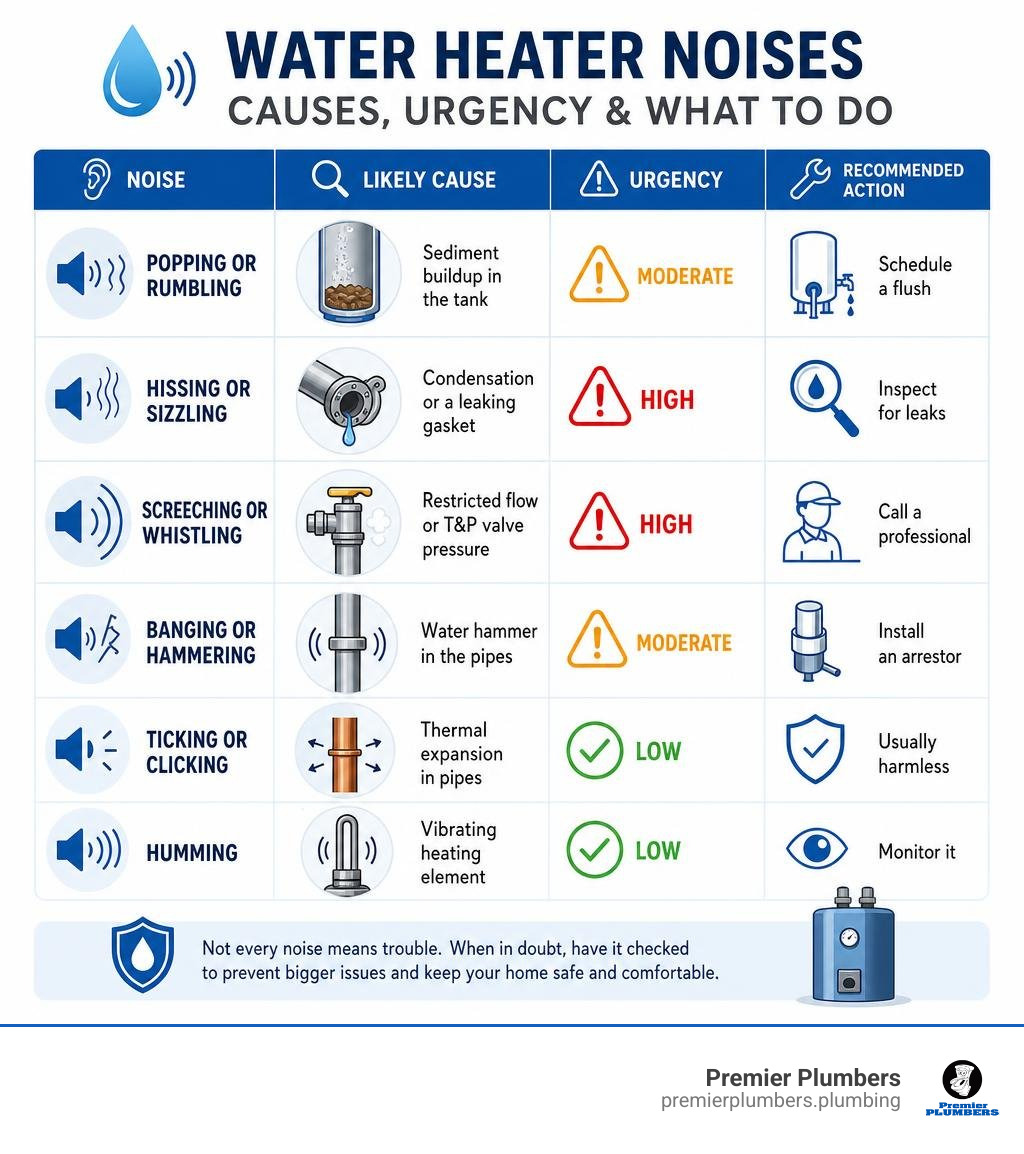 common water heater noises, their causes, urgency levels, and recommended actions infographic common water heater noises, their causes, urgency levels, and recommended actions infographic