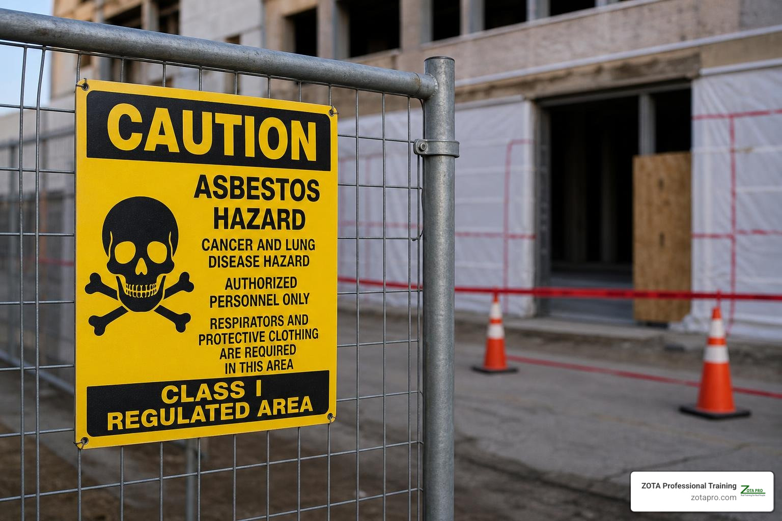 Asbestos warning sign demarcating a Class I regulated area
