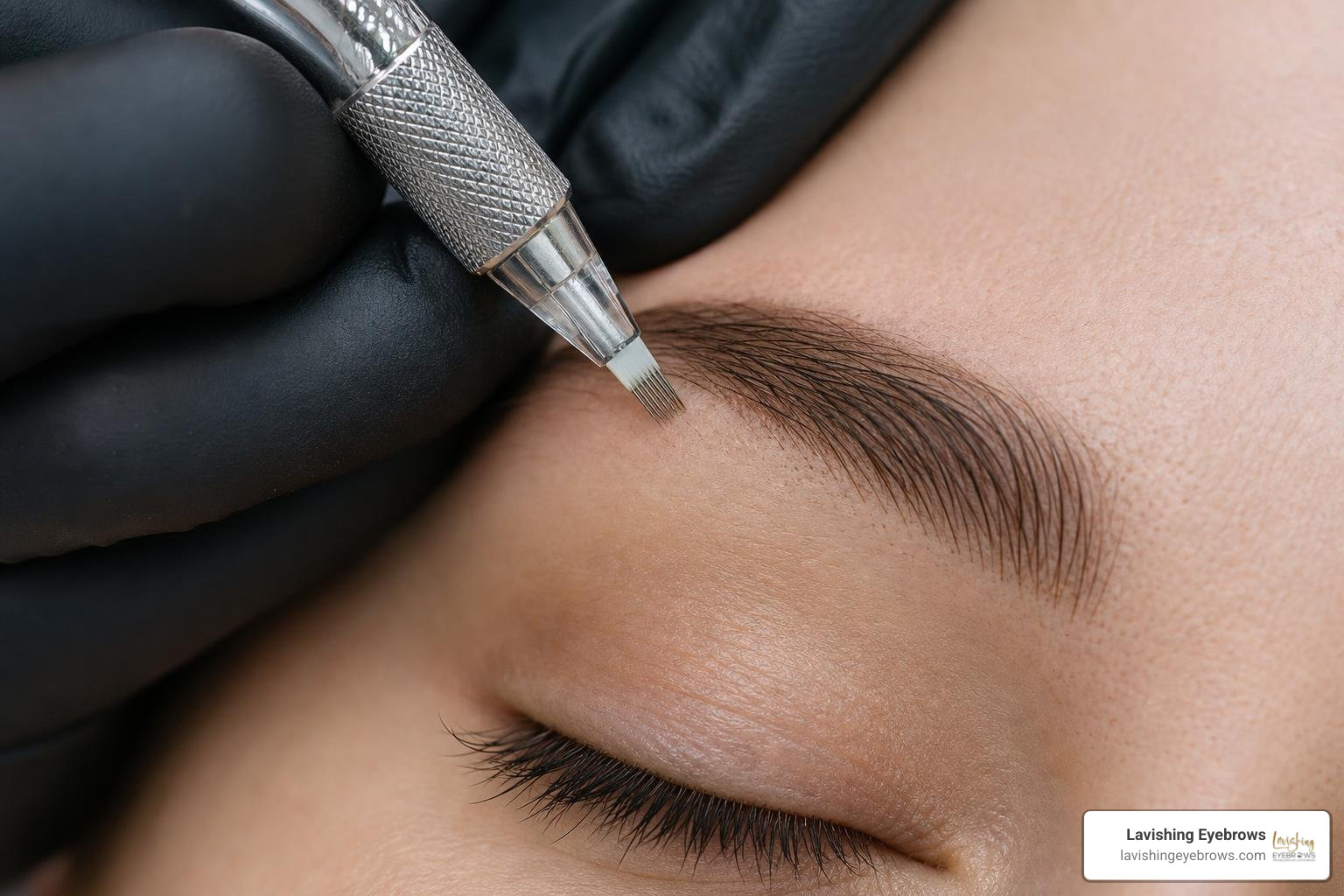 microblading hand-held tool creating fine hair strokes