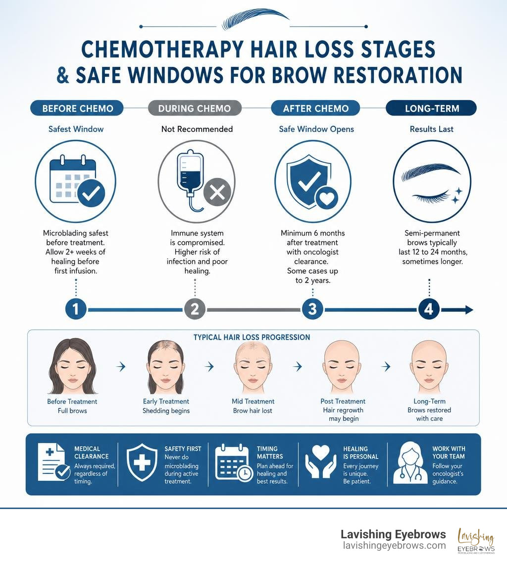 Timeline infographic: chemotherapy hair loss stages and safe windows for brow restoration infographic