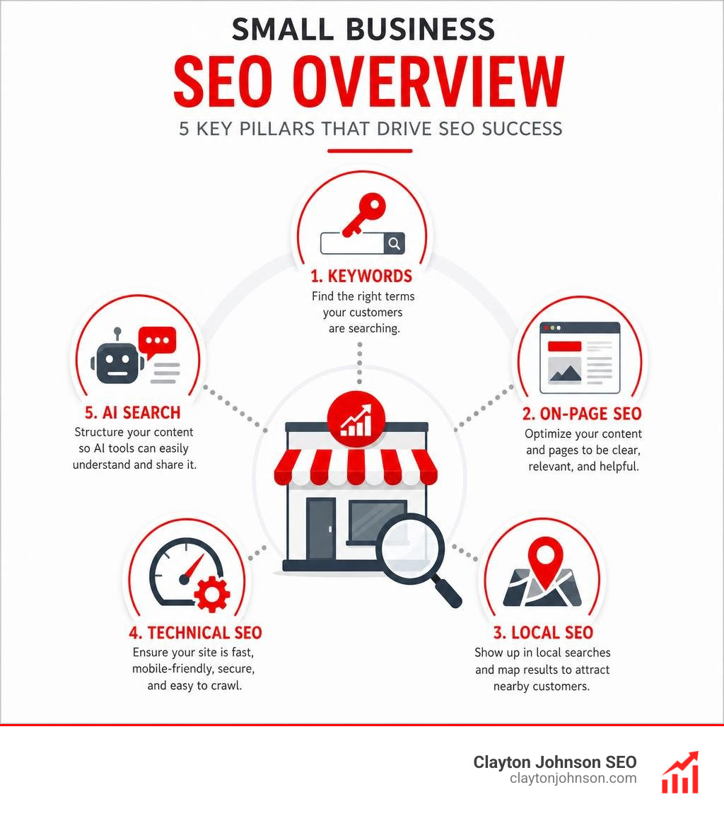 small business SEO overview infographic showing key pillars: keywords, on-page, local, technical, AI search infographic