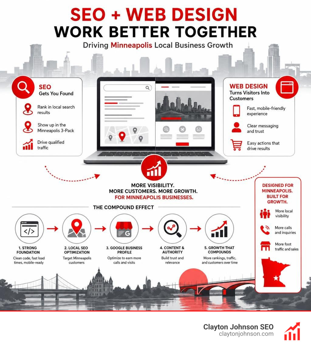 Infographic showing how SEO and web design work together for Minneapolis local business growth infographic