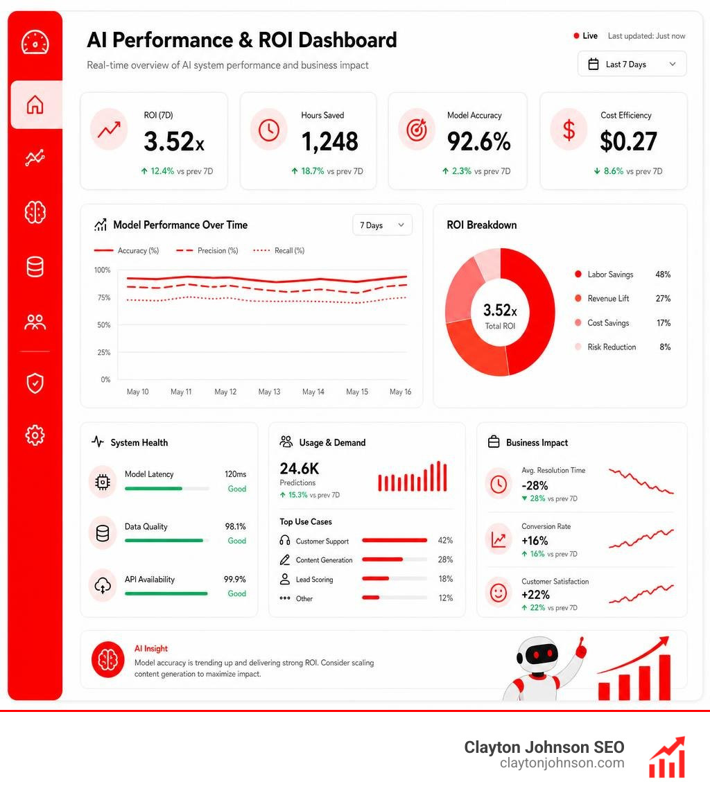 An enterprise dashboard showing real-time AI performance and ROI metrics infographic