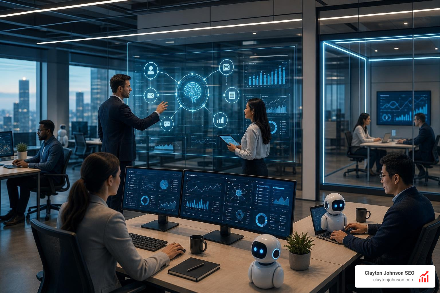 Futuristic business office powered by coordinated AI agent systems and human supervisors