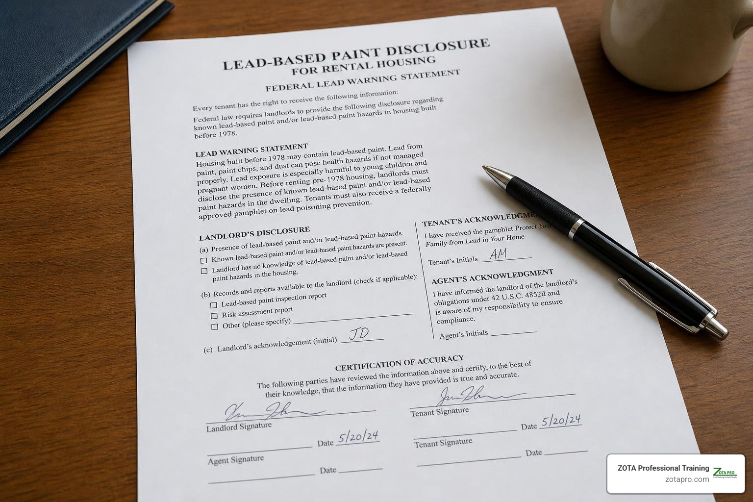 Signed legal document of lead disclosure