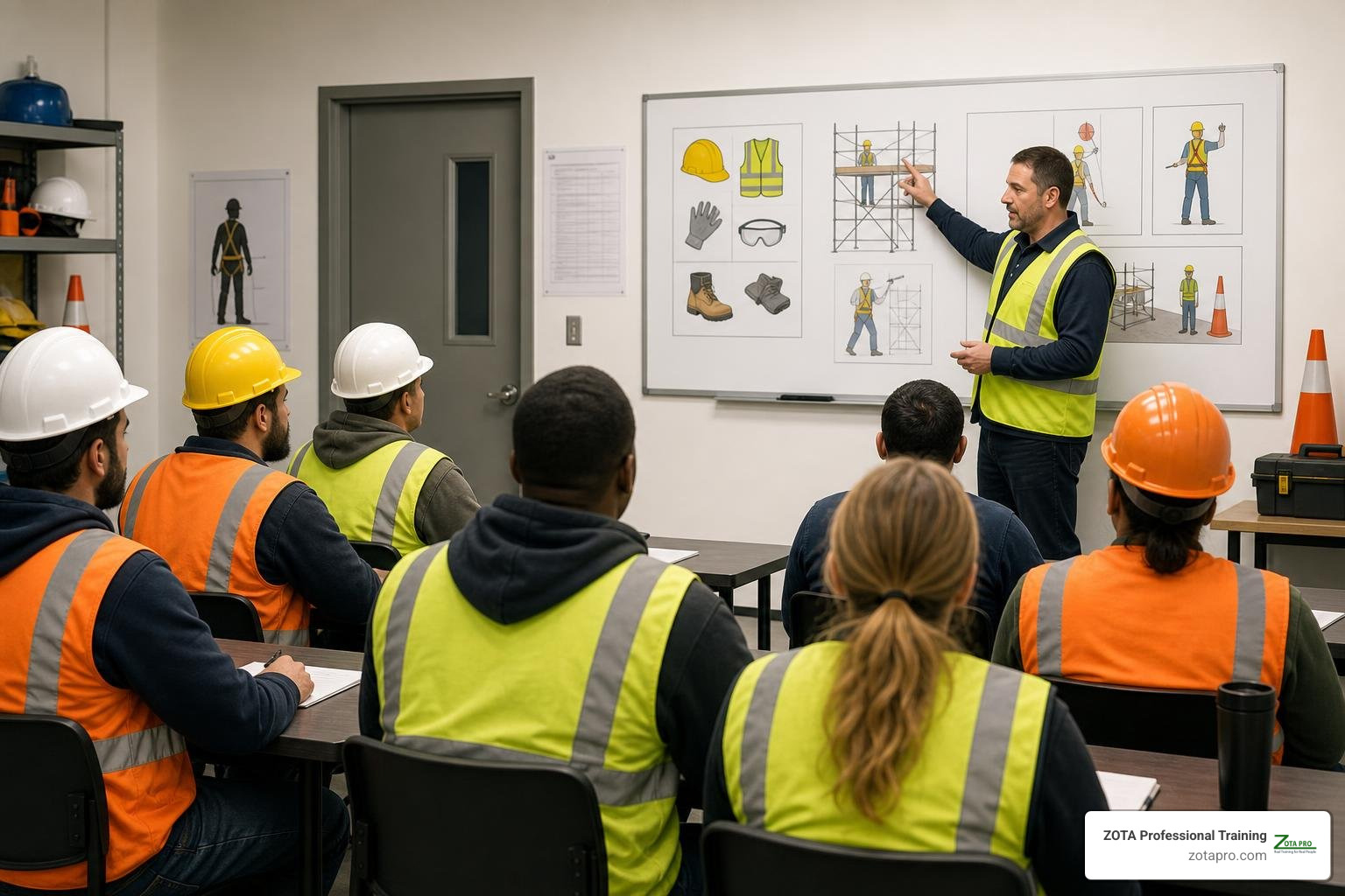 Classroom safety training session with workers and instructor Classroom safety training session with workers and instructor