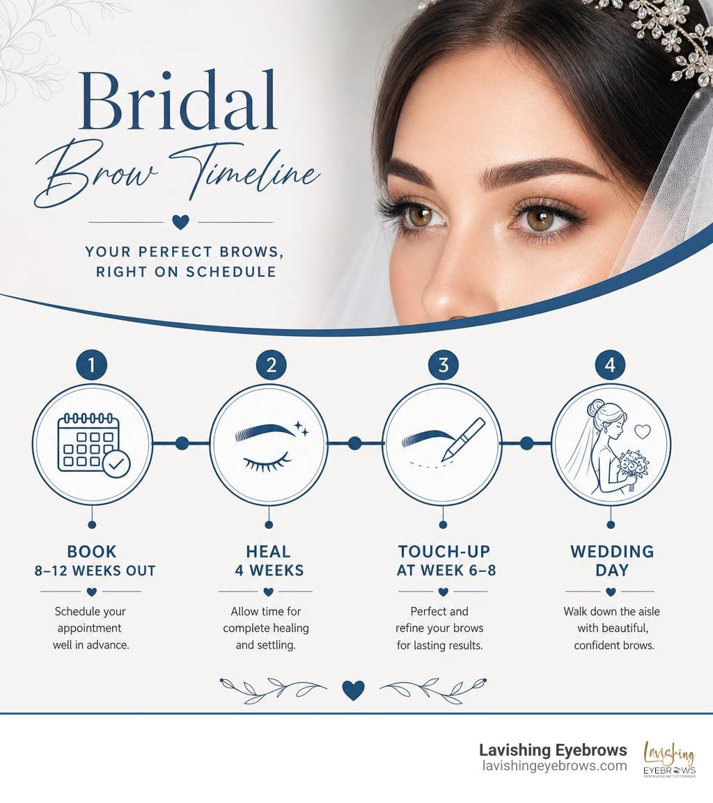 Bridal brow timeline infographic: book 8-12 weeks out, heal 4 weeks, touch-up at week 6-8, wedding day infographic