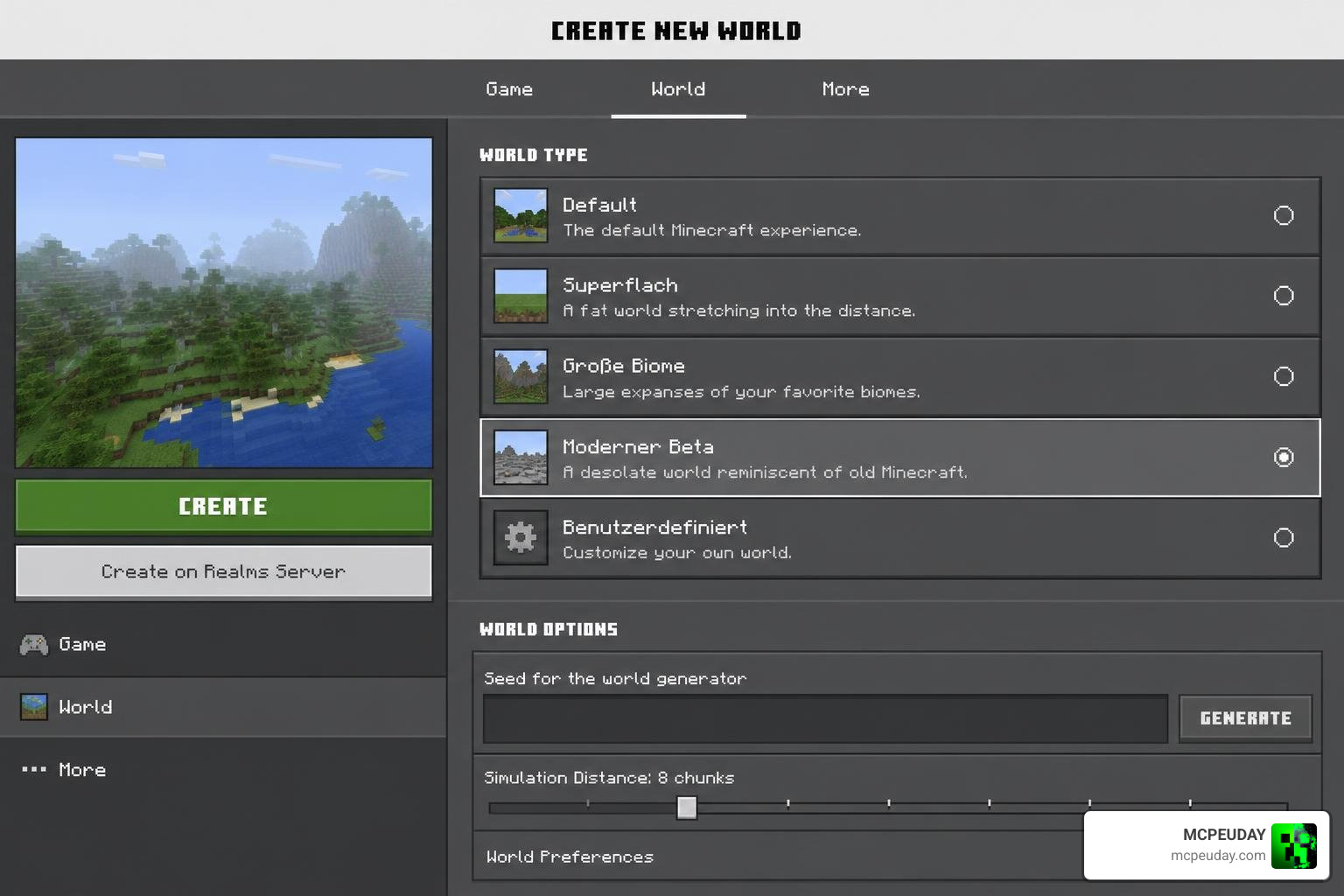 Moderner Beta world generation screen settings