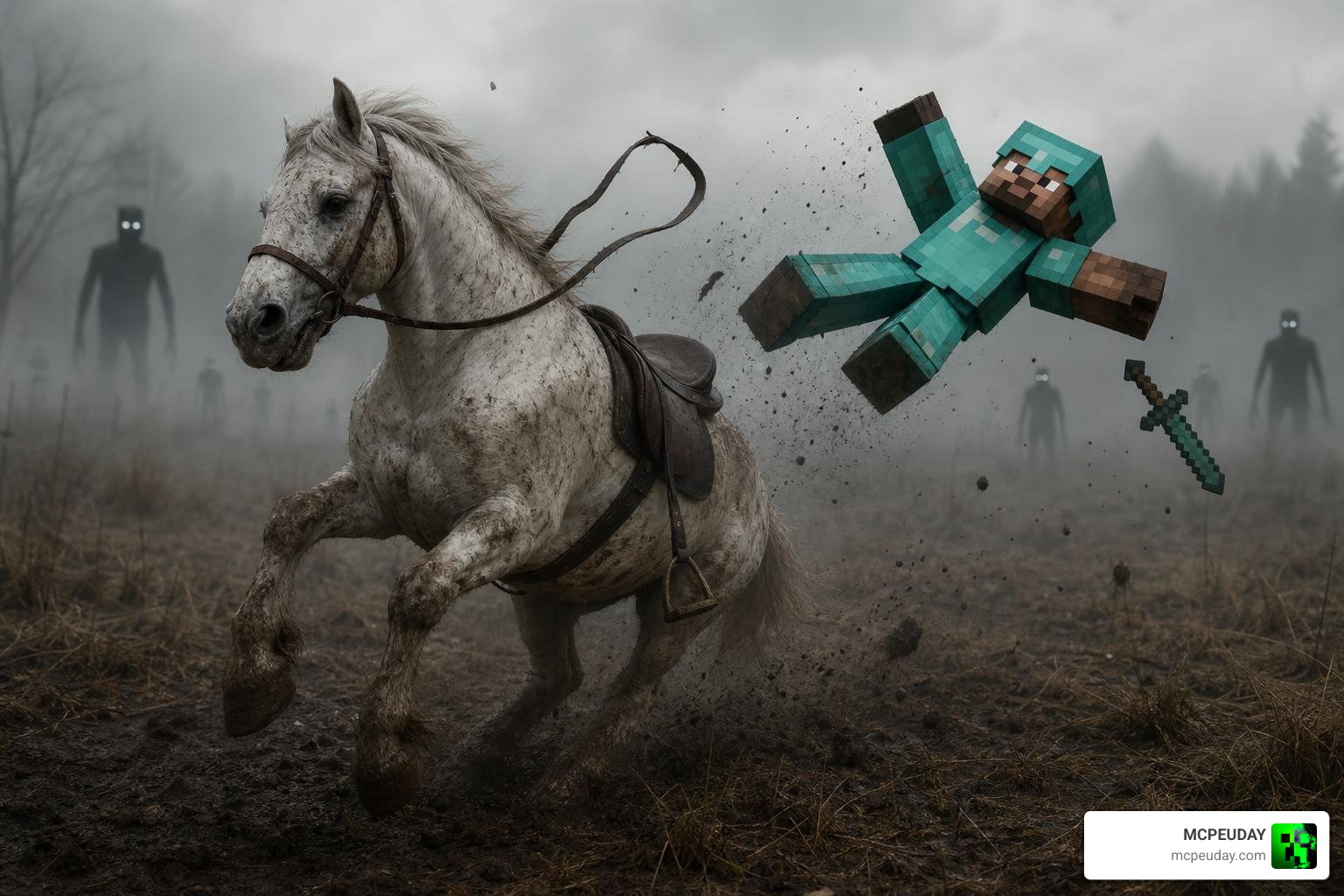 Player brushing flies off the creepy horse in Minecraft