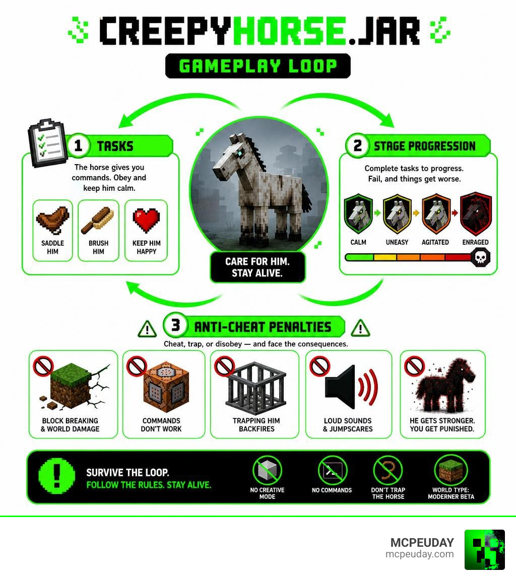 Creepyhorse.jar gameplay loop infographic: tasks, stage progression, and anti-cheat penalties infographic