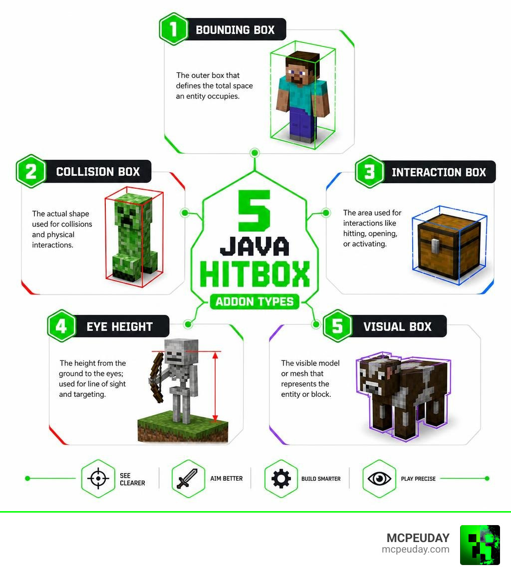 Infographic showing 5 Java hitbox addon types: bounding box, collision box, interaction box, eye height, and visual box