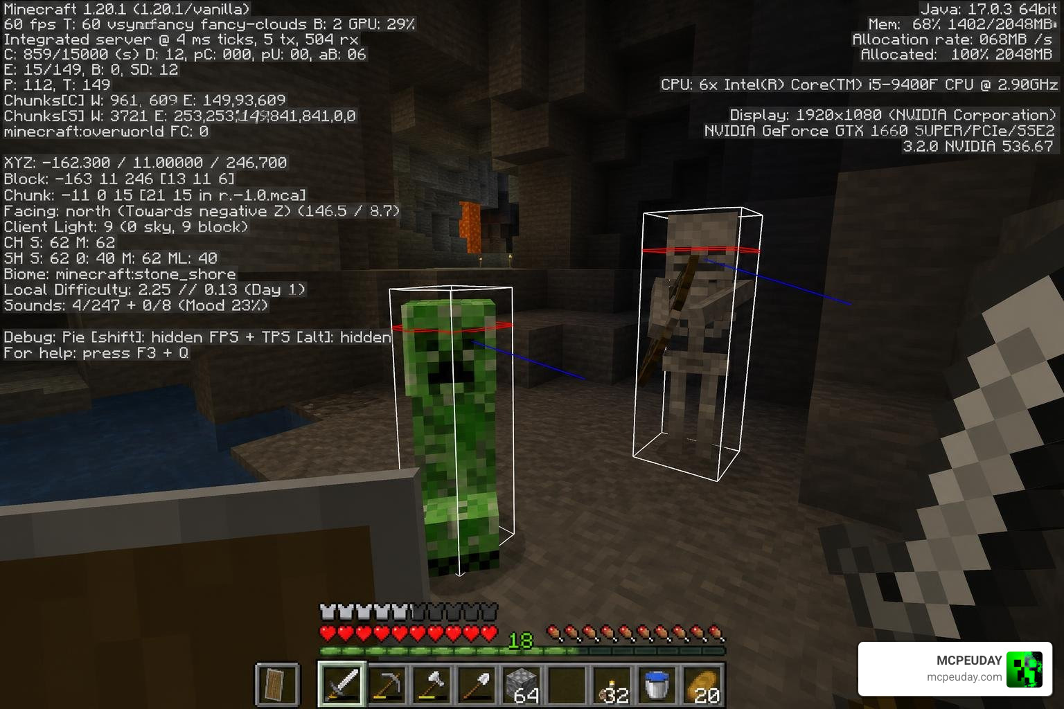 F3+B debug screen showing various hitbox types in-game