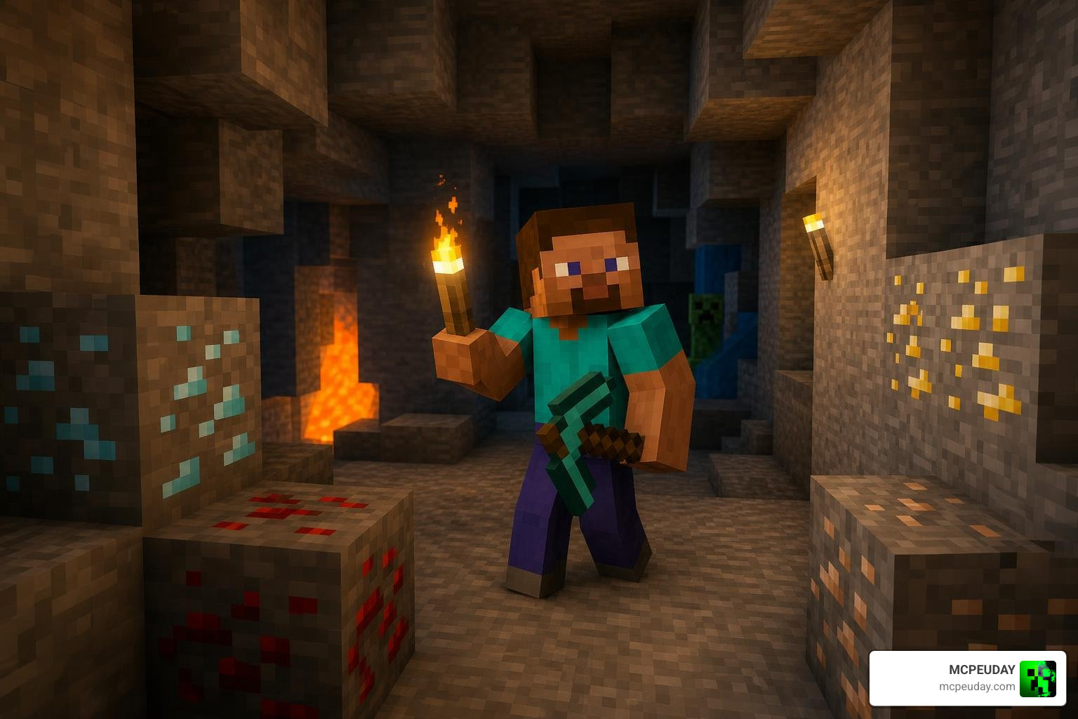 Minecraft player using the DoubleHands Addon to hold a torch and pickaxe simultaneously